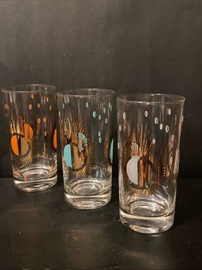 Set of 3 Vintage Fred Press Mid-Century Modern atomic starburst highball glasses